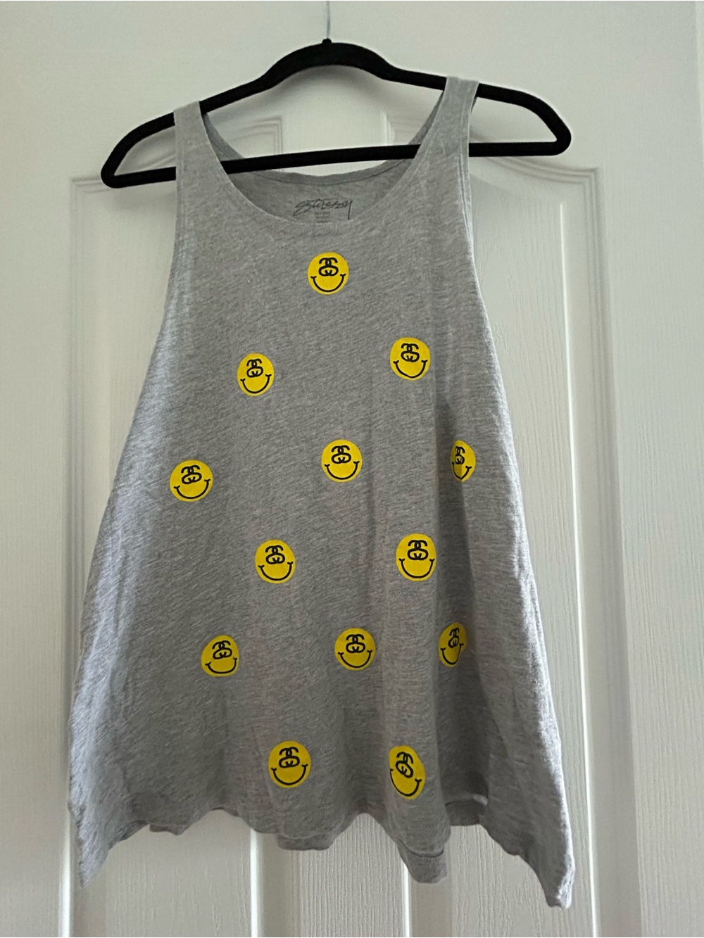 Stüssy Gray Tank Top with Yellow Smiley Logo Print